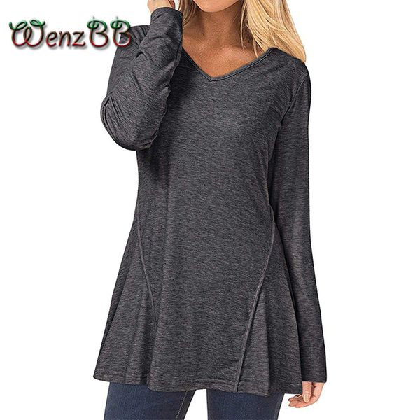 

wenzbb casual t-shirt 2020 spring autumn women trending pendulum v neck pullover long sleeve slim tees dropshipping, White