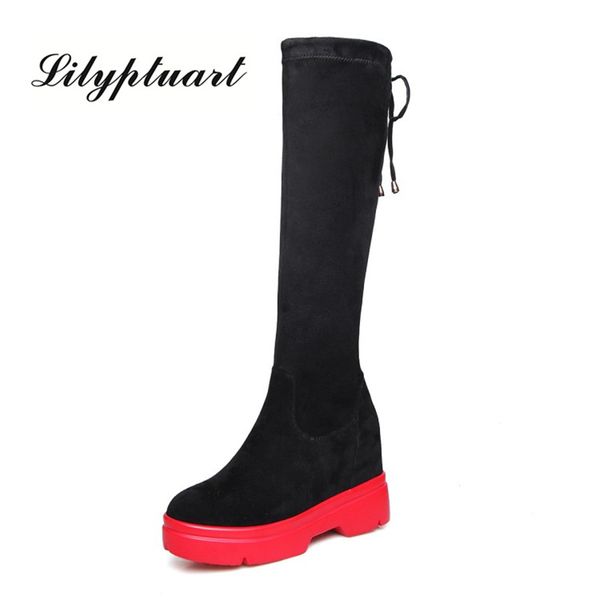 

european and american style sheep anti-velvet polyurethane bottom but knee boots round head thick with rear laces elastic boots, Black