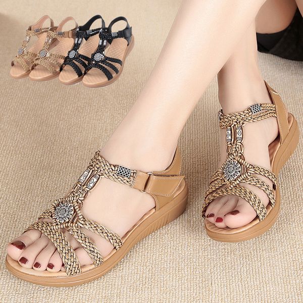 

bohemian sandals female 2019 summer flat flat with open toe students soft bottom shoes large size low heel women sandals, Black