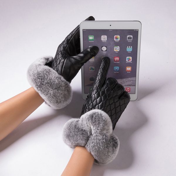 

fashion-rabbit fur gloves women genuine leather gloves for winter touchscreen fashion mittens, Blue;gray
