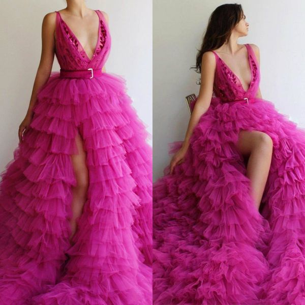 

fuchsia a line prom dresses thigh high slits lace appliqued formal evening gowns tiered ruffles sweep train robes de soirÃ©e, Black