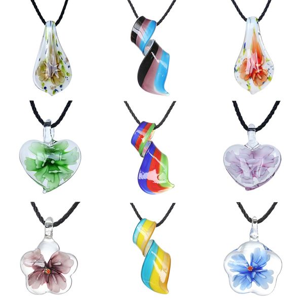 

rinhoo new fashion colorful glass pendent neckalce heart water drop flower stripe pendents leather chain women jewelry gifts, Silver