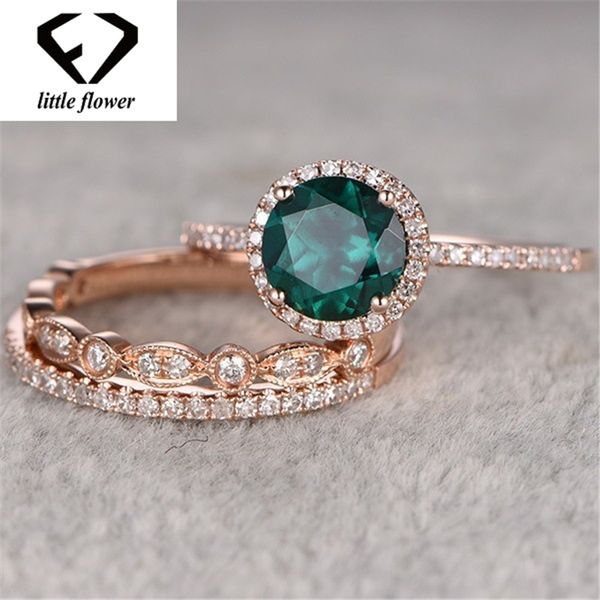 

14k rose gold set of turquoise three-piece ring engagement diamond emerald diamante jewelry anillos for women ring gemstone, Golden;silver