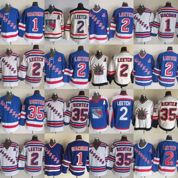

1 Eddie Giacomin New York Rangers Hockey Jersey 2 Brian Leetch 35 Mike Richter Rod Gilbert Home Blue White Jersey