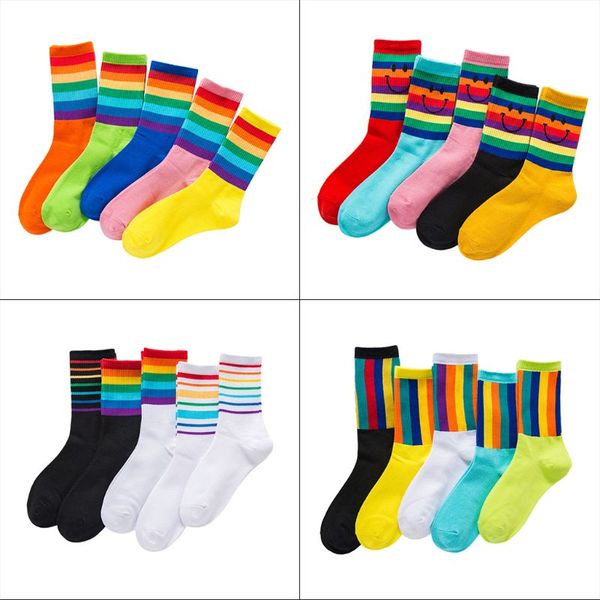 

5pair/set soft cotton low cut ankle socks rainbow stripes sports socks for adult, Black;white