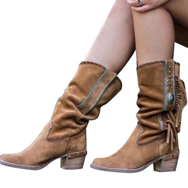 

nice nice tassel boots autumn bohemian boots women ethnic fringe faux suede leather mid half woman square heel, Black
