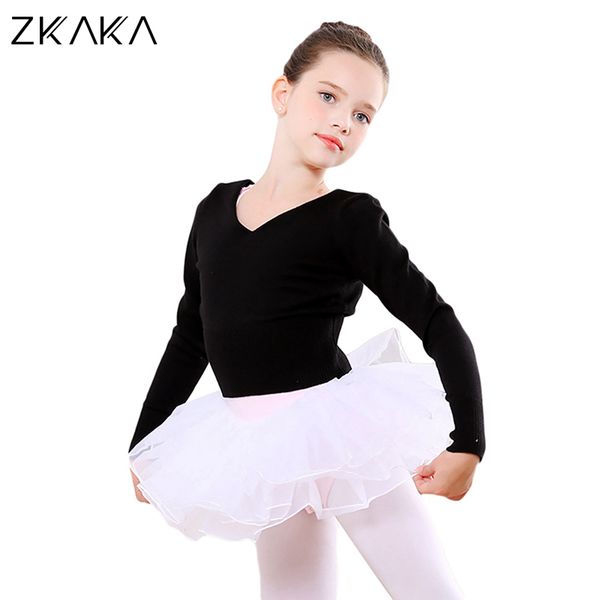 

zkaka girls dance costume warm long sleeve shirt blouse v neck knitted for gymnastics ballet, Black;red