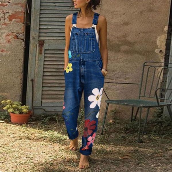 

rompers womens jumpsuit stylish flower jeans strap overalls women vintage girls denim bib pants streetwear macacao feminino#g30, Blue