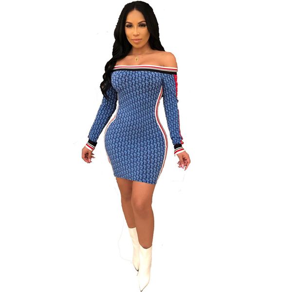 

Spring Womens Designer Bodycon Dress Striped Panelled Slash Neck Casual Dress Fashion Letter Printed Female Clothing