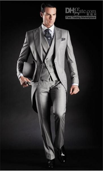 Nuovo cappotto mattutino di alta qualità grigio chiaro smoking smoking picco groomsmen uomini matrimonio (giacca + pantaloni + vest + cravatta + fazzoletto) 004
