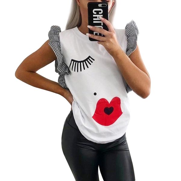 

new women ruffle fashion eyelashes red lips print t shirt clothes 2019 summer ladies streetwear white casual tshirt