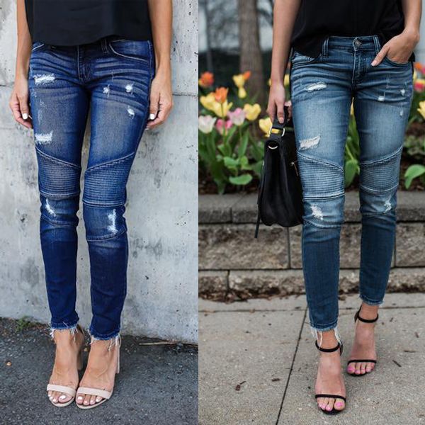 

casual jeans for women ripped hole high waist skinny pencil denim pants 2019 spring slim fit pleated jeans plus size, Blue