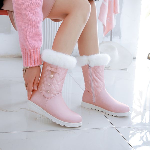 

chinese casual style winter warm mid calf boots fashion bowknot zipper platform increasing medium heel women's snow boots, Black