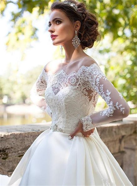 

длинные рукава новое прибытие бальное платье принцессы свадебное платье с карманы современные сшитое высокого качества bridal шнурка романти, White