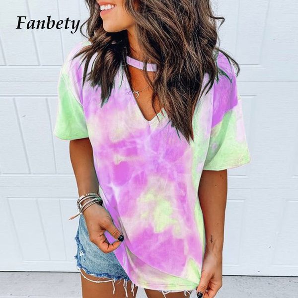 

women 2020 fashion tie dye print blouse shirts v neck halter short sleeve shirt spring summer new elegant ladies blusa, White