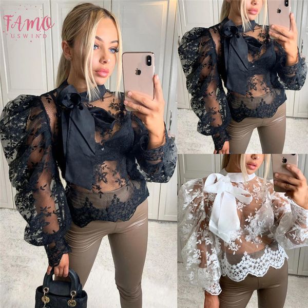 

women lace crochet sheer mesh long puff sleeve shirt blouse crop see through bowknot shirt outwear loose casual blouse, White