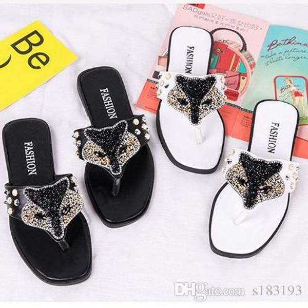 

2019 designer slides fox head style latest rhinestone slip-on designer flip flops sandals women's shoes wide flat slippers, Black