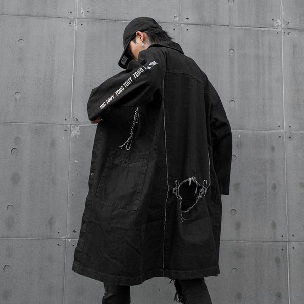 

autumn winter men ripped hole hip hop punk long denim jacket with chain pin man vintage retro jeans jacket coats, Black;brown