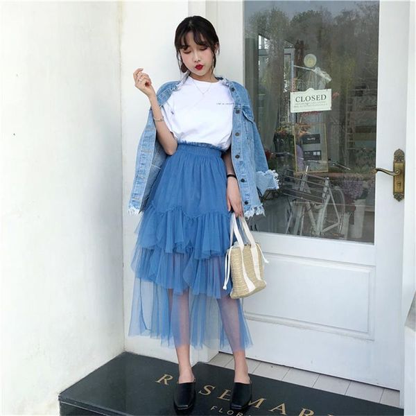 

women's skirts casual lady kawaii punk loose mesh a-line skirt female korean girl ins chic for women punk tulle high waist, Black