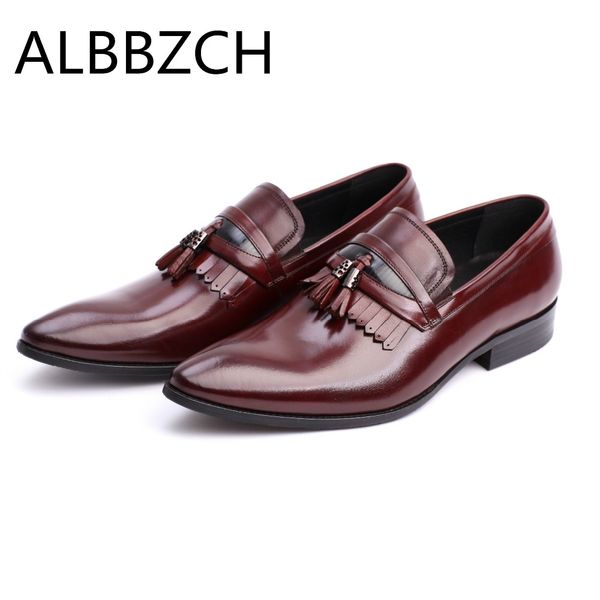 

mens fashion tassel genuine leather dress shoes men male formal wedding shoes pointed toes slip on quality business work, Black