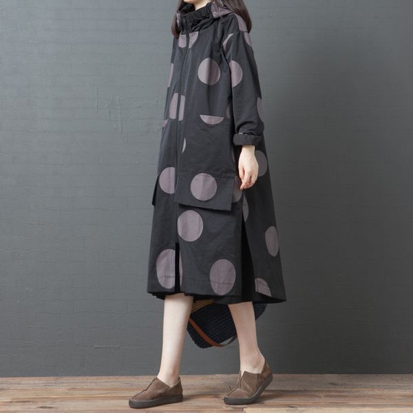 

ewq] leisure trench women clothes 2020 new autumn full sleeve casual hooded single breasted polka dot long windbreaker ak303, Tan;black