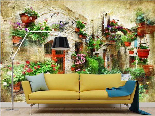 

retro european building street street view background wall modern living room wallpapers