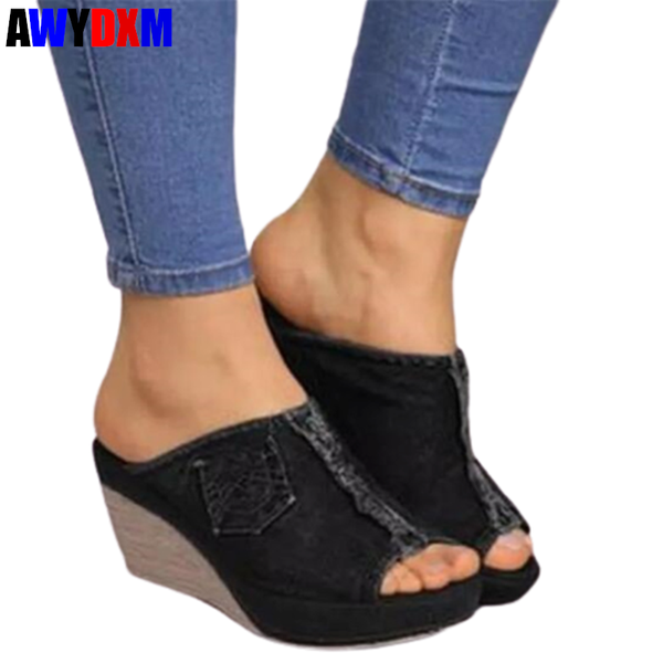 

women's slippers 2020 summer open toe denim slipper ladies wedge platform casual female beach slides high heels woman fashion, Black