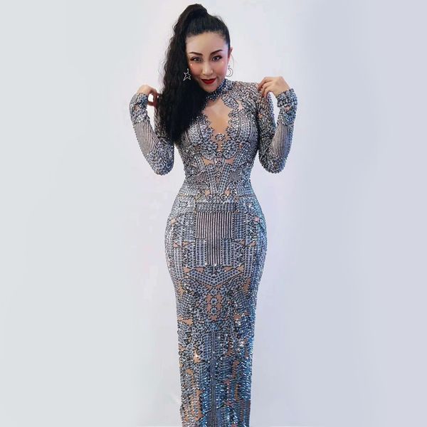 

silver rhinestones spandex dress dance costume for singer women birthday celebrate outfit night bar dance wear singer long dress, Black;red
