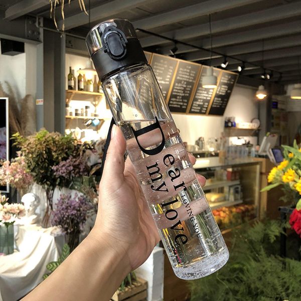 

simple transparent letter plastic water bottles bounce cap straight cup sports water bottle custom logo 5 colors 401-500ml pc material r5255