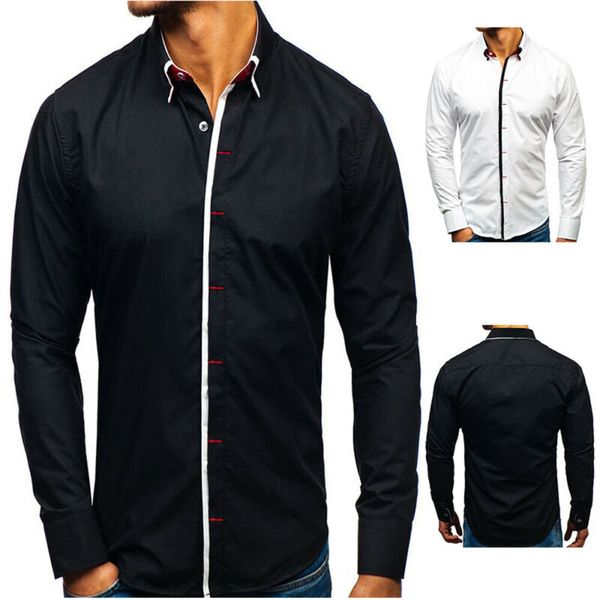 

new style 2019 men slim fit long sleeve turn-down collar casual shirt male button business dress shirt plus size, White;black