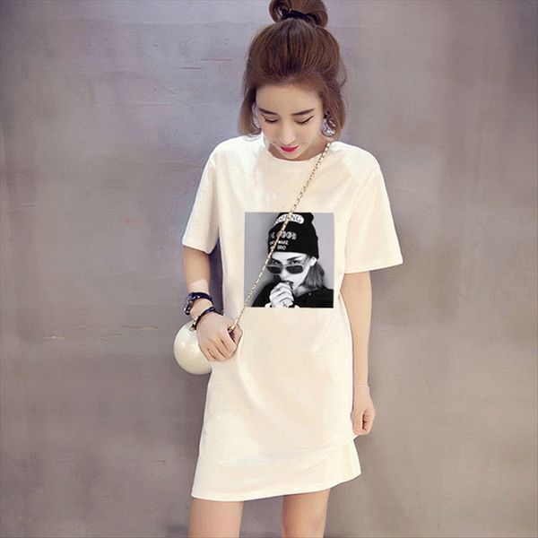 

medium-length short-sleeved t-shirt female students and overknee women's summer medium-length short-sleeved t-shirt dress female studen, White