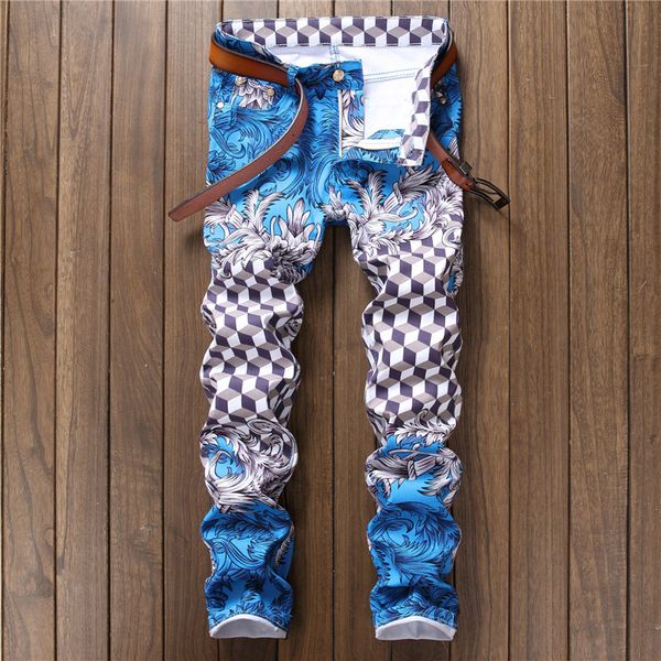 

fashion designer pantalon homme light blue slim fit skinny jeans pp fashion hip hop casual pants mens printed plaid jeans men