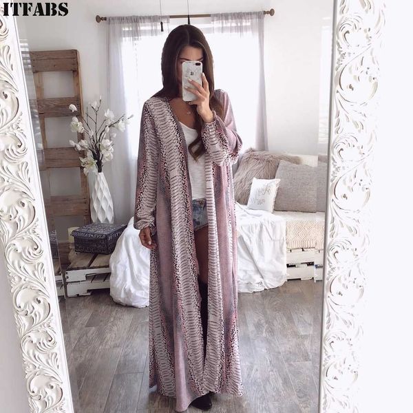

fashion spring women long maxi cardigan open stitch snake skin print chiffon loose casual overcoat boho slim long sleeve jackets, Black;brown