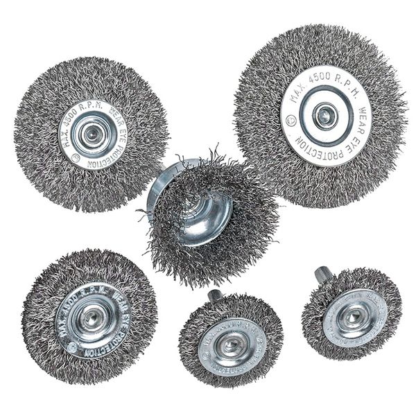 

6piece wire wheel cup brush set 0.0118in coarse crimped steel 1/4in round shank for drill