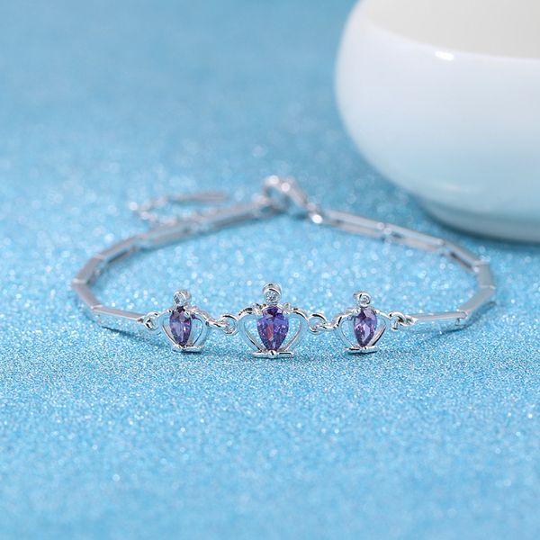

luxury 925 sterling silver bracelets purple white dazzling zircon stackable crown bracelets &bangles for women pulseira feminina, Golden;silver