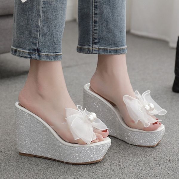 

flower transparent slippers butterfly-knot on a wedge shoes slides platform slipers women low soft 2020 wedges basic pu hoof, Black