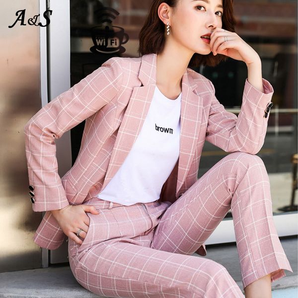

anbenser fashion plaid women blazer suits long sleeve double breasted blazer pants set pink office ladies two-piece sets, White;black