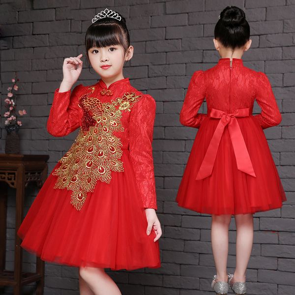 

chinese-style girls wedding dress puffy children host guzheng piano costume princess dress flower children's, Red;yellow
