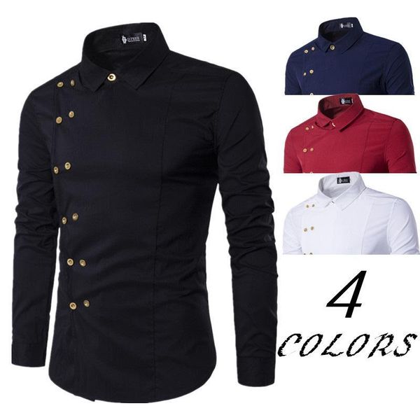 

spring shirts men personality oblique button irregular double breasted men long sleeve camisa masculina male slim fit shirt, White;black