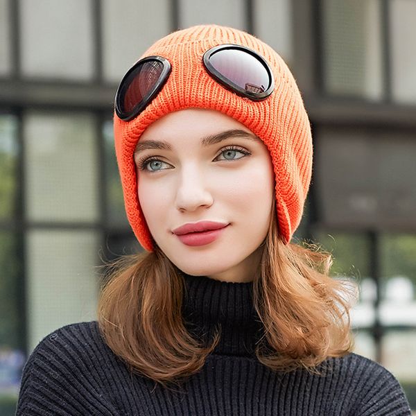 

wool knitted goggles beanie sports cap leisure thermal warm autumn winter hat heat keeper ear snow cold protector, Black