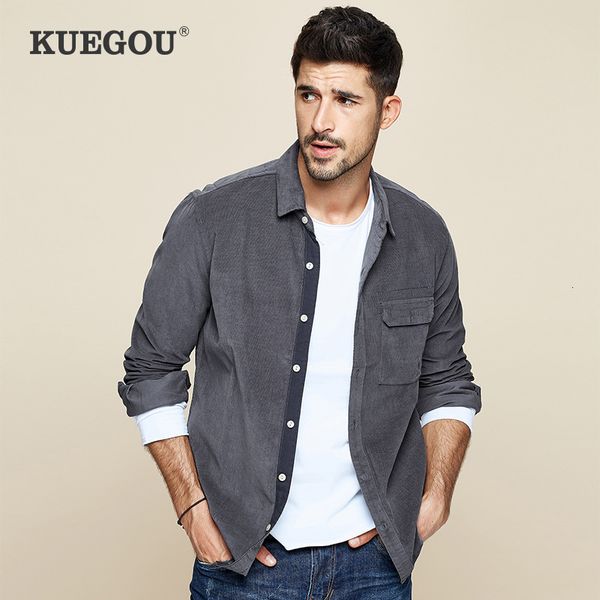 

kuegou 2019 осень толстые 100% хлопок серый карман рубашки мужчины платье повседневный slim fit с длинным рукавом мужской моды марка блуза 6, White;black