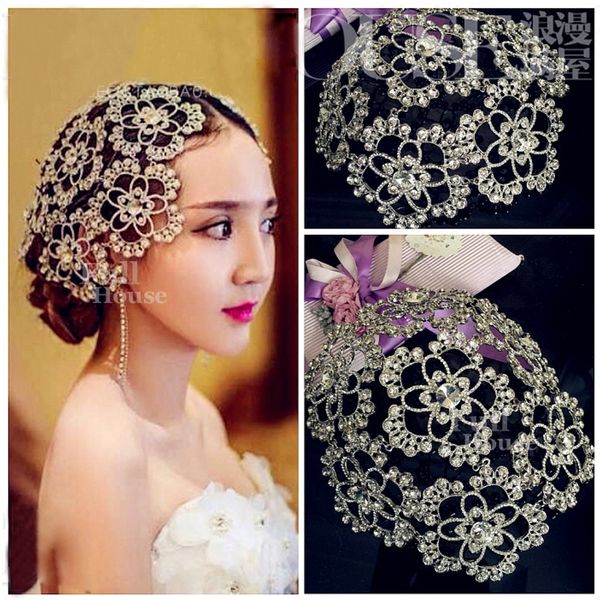 

vintage silver prom pageant round crown rhinestone flower bridal hair jewelry bridal headpiece tiara wedding hair accessories, Golden;white