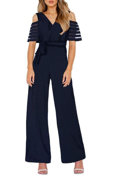 

2020 jumpsuit women summer wide-legged pants women's wear explosion v collar net stitched short-sleeved jumpsuit costume, Black;white