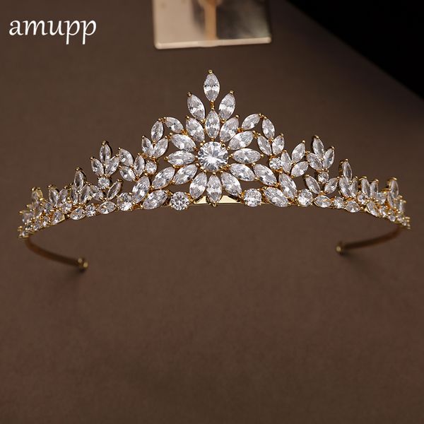 

amupp new full cubic zirconia gold color women wedding tiara stunning cz princess crown prom coroa bridal hair jewelry ornament, Golden;white