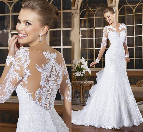 

2020 spring vestidos de noiva mermaid wedding dresses long exquisite sequins lace bridal gowns sheer crew neck long sleeves button back, White