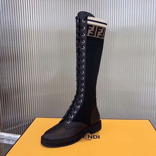 

2020 new autumn and winter leather stitching high boots women's straps wild socks boots flat knit elastic boots, Black