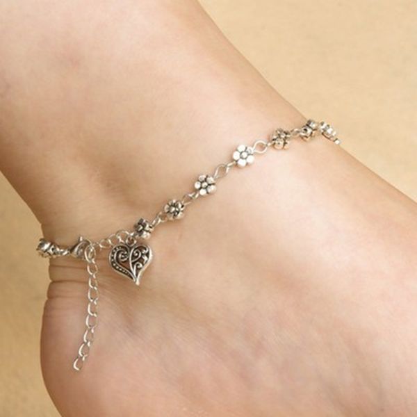 

retro tibetan hollow flowers foot anklet peach heart shaped bracelet wholesale ornaments, Red;blue