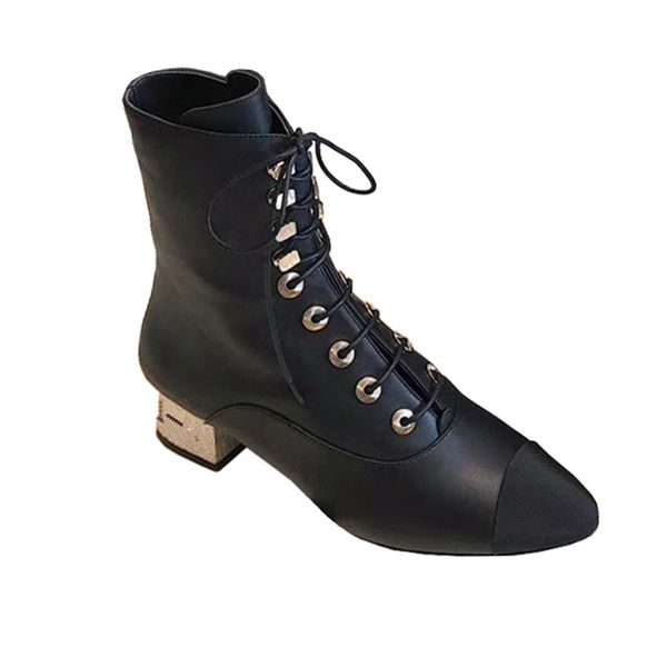 

women's boots ankle thick high heels black leather metal lace up boots female shoes pointed toe woman winter