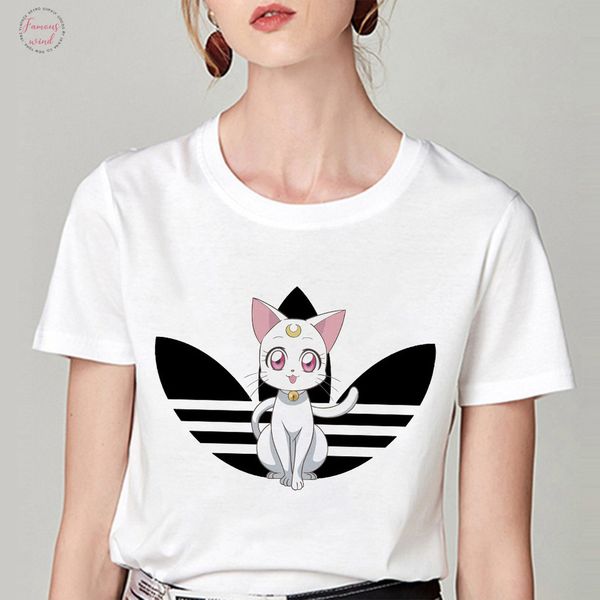 

sailor moon creativet shirt harajuku clothes tshirt aesthetic cat anime women cute female t shirt kawaii tees fashion, White