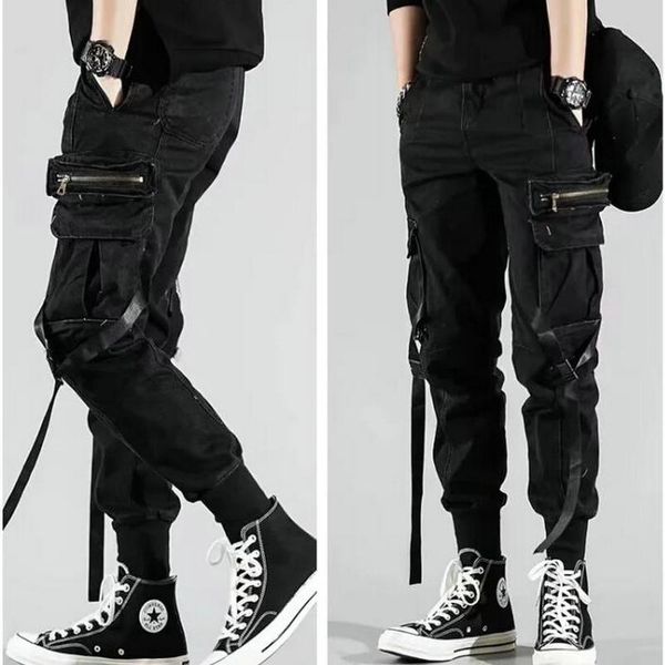 

men side pockets harem pants nice autumn hip hop casual ribbons design male joggers trousers fashion streetwear pant black